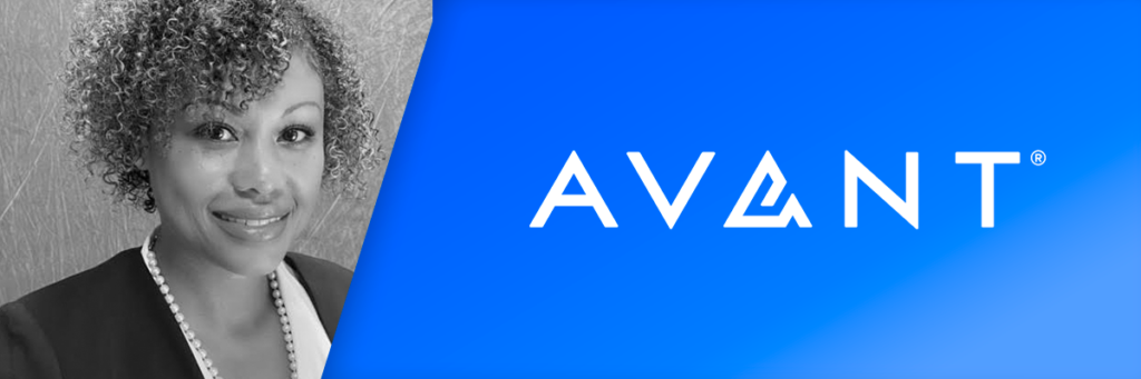 Jevonna smiling next to the Avant logo on a bright blue background