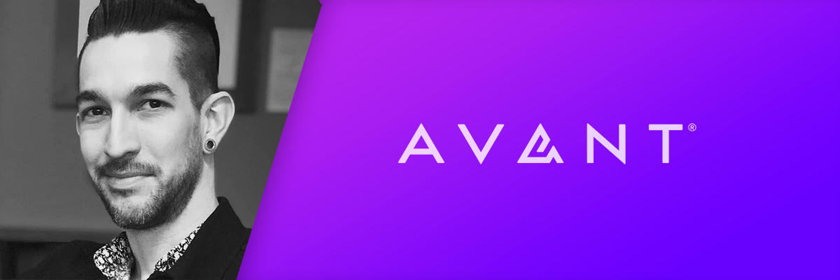 smiling black-and-white Mike with Avant logo