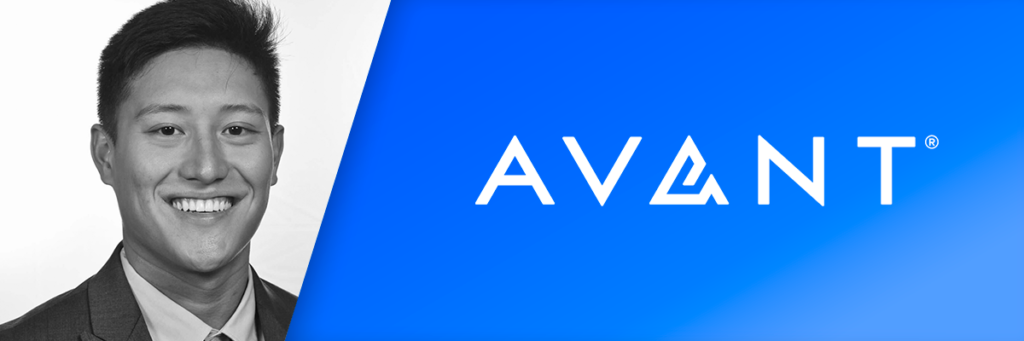 Kevin smiling next to Avant logo on bright blue background