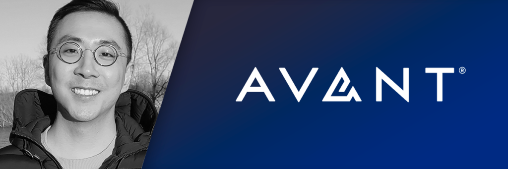 Song smiling next to Avant logo on navy blue background
