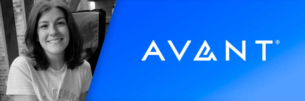 Sarah smiling next to the Avant logo on a bright blue background