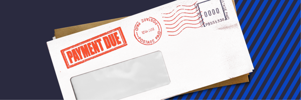 A white envelope with a red stamp that reads, “Payment Due” on a blue background.
