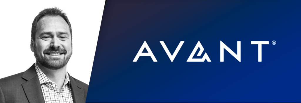 Kevin smiling next to the Avant logo on a navy blue background