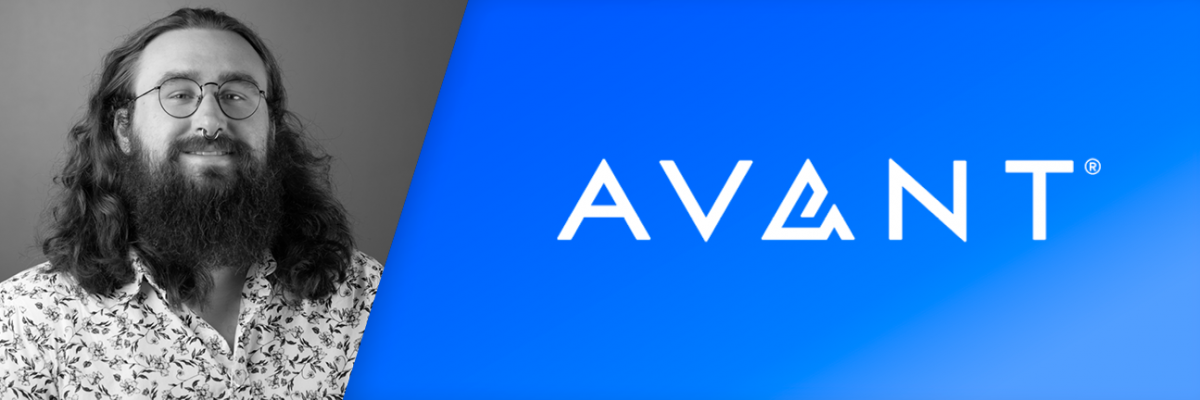 Corbin smiling next to the Avant logo against a boundless blue background