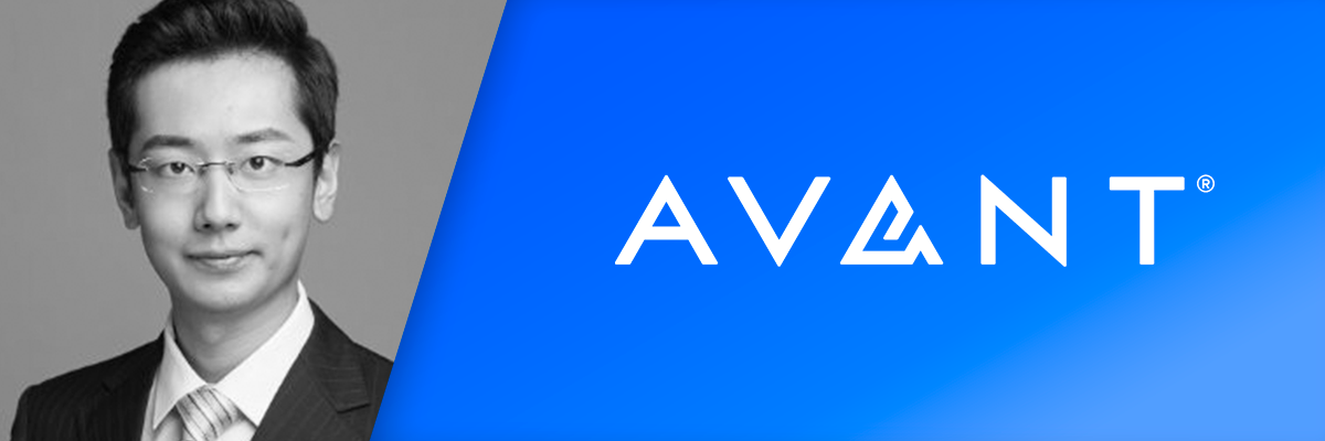 Henan, Originations Risk Manager, in a suit and glasses next to the Av ant logo on a boundless blue background