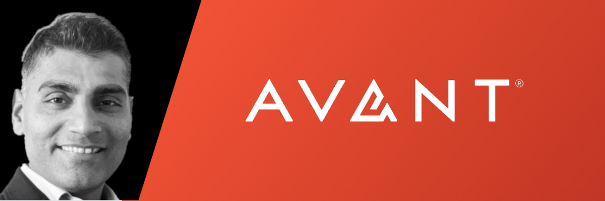 Nikhil smiling in black and white, next to the Avant logo on a red background