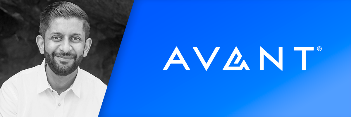 Sahaj smiling next to the Avant logo on a bright blue background