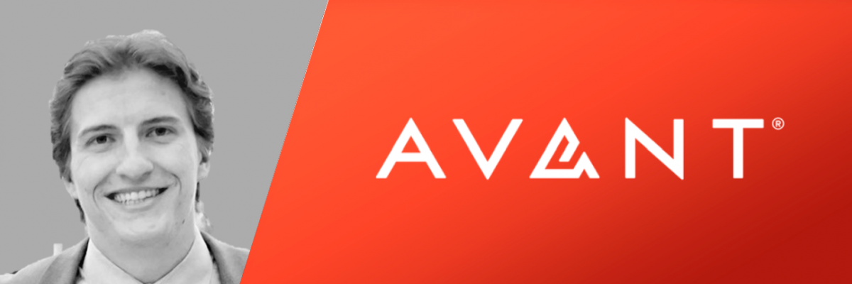 Tyler smiling against a grey background, next to the Avant logo on a red background